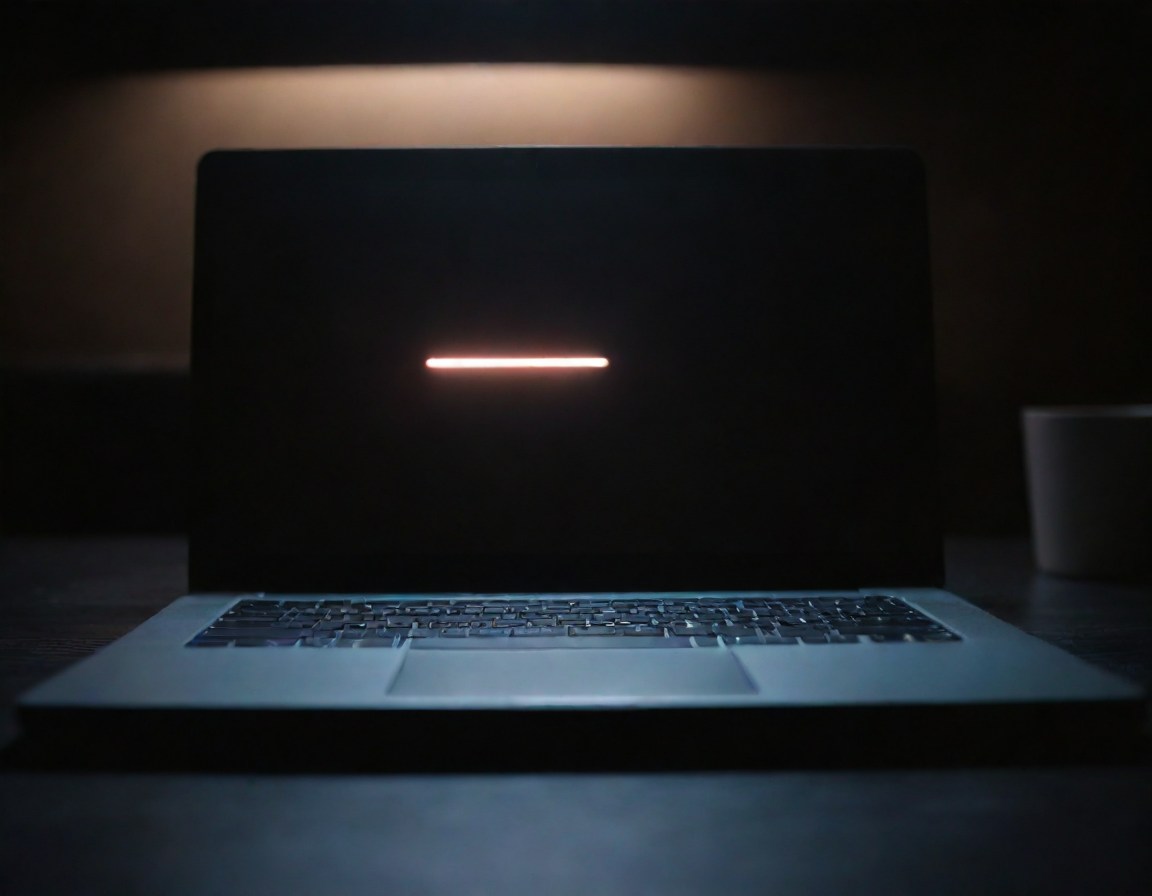 A laptop with a dark blank screen on a desk