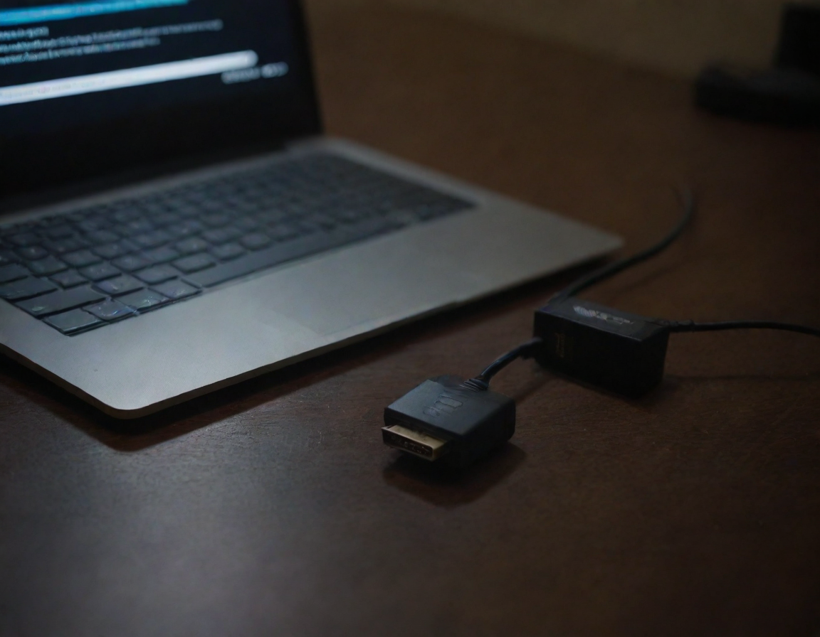 A cable between a laptop and a small terminal
