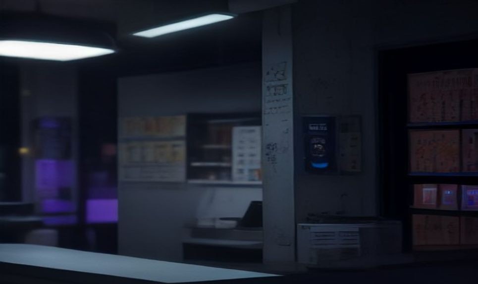 Evening shop counter in low indigo light
