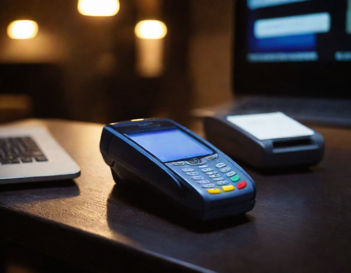 A card terminal and a laptop on a dark desk