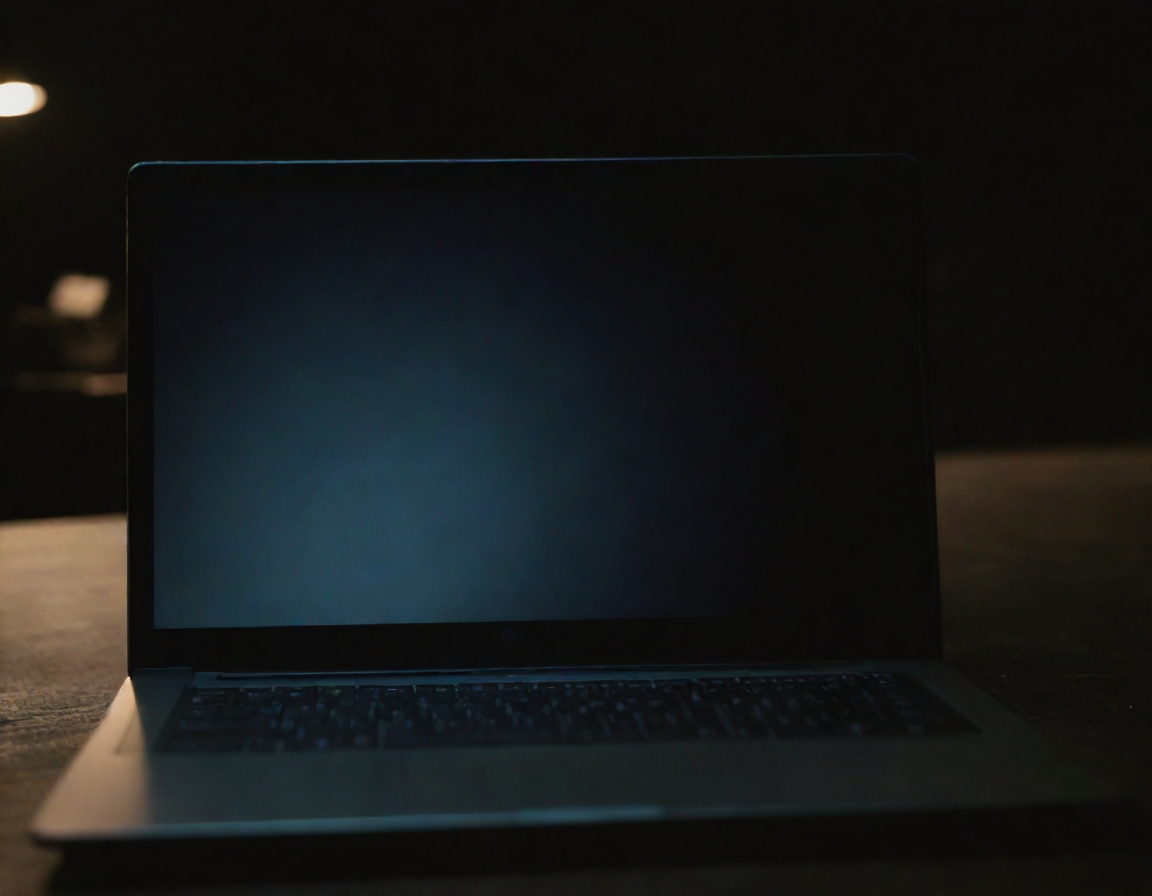 A laptop on a desk in a dark room