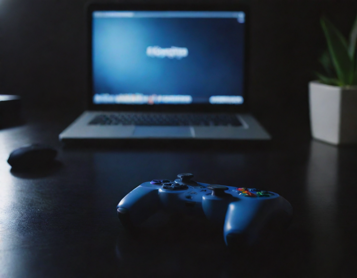 A game controller beside a closed laptop